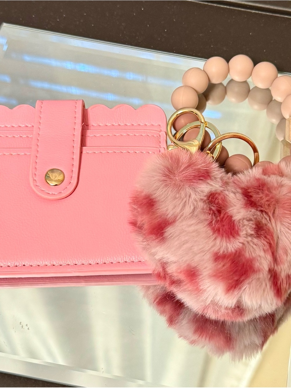 New Pink Heart Fur Keyring Wristlet with Pink Card Holder